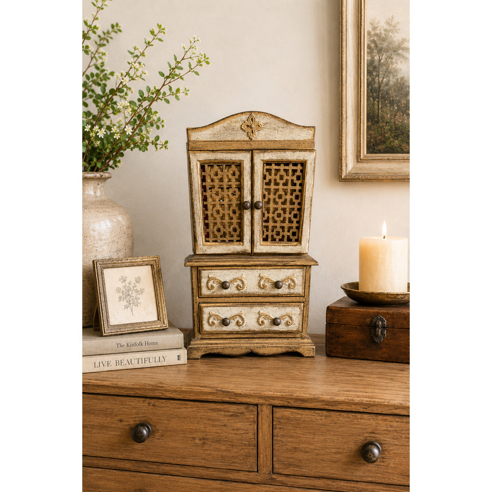 Vintage Gold Cream Florentine 5 Drawer Jewelry Chest Cabinet